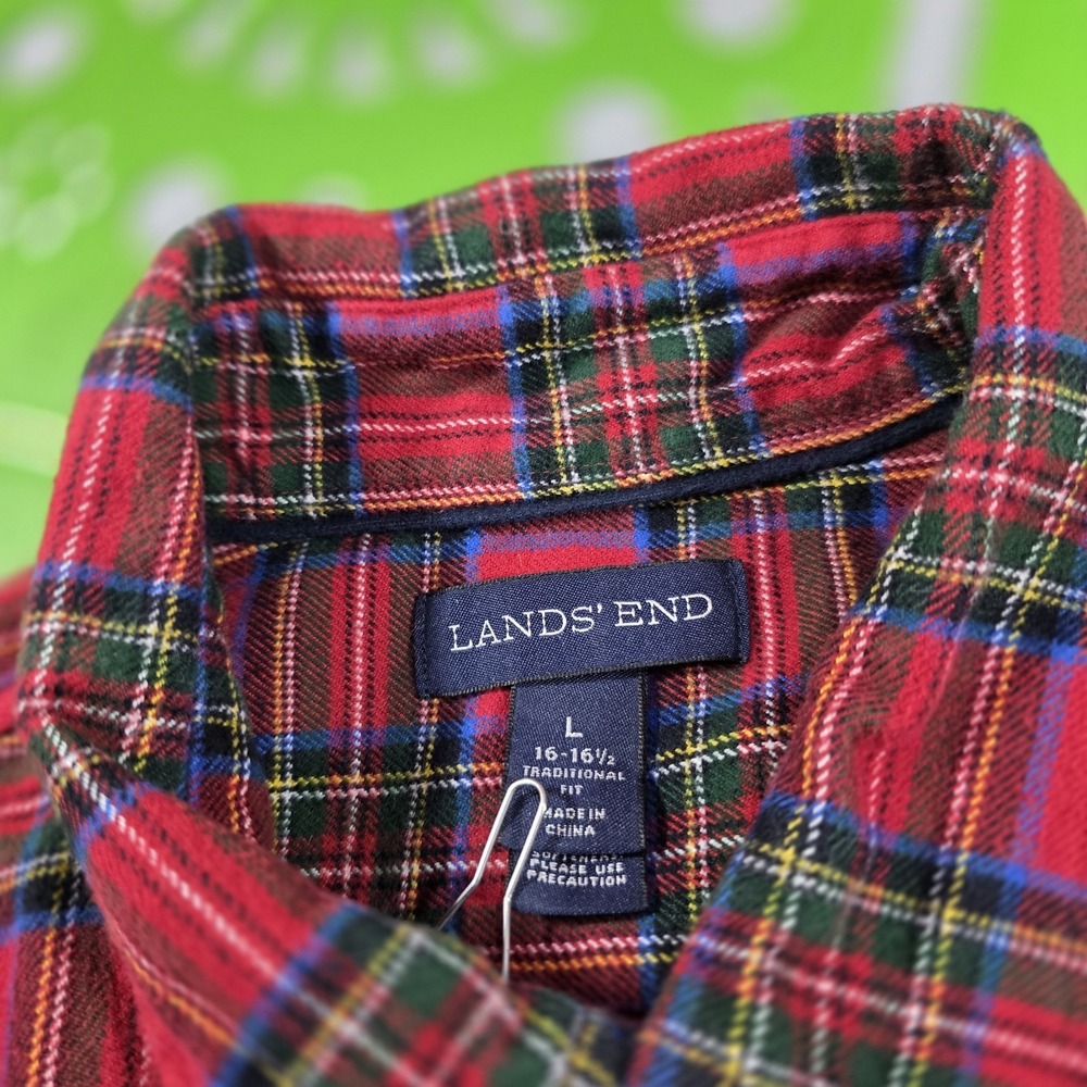 Lands' End Flannel Shirt Men's Large Red Plaid Traditional Fit Cotton Button - Picture 7 of 9